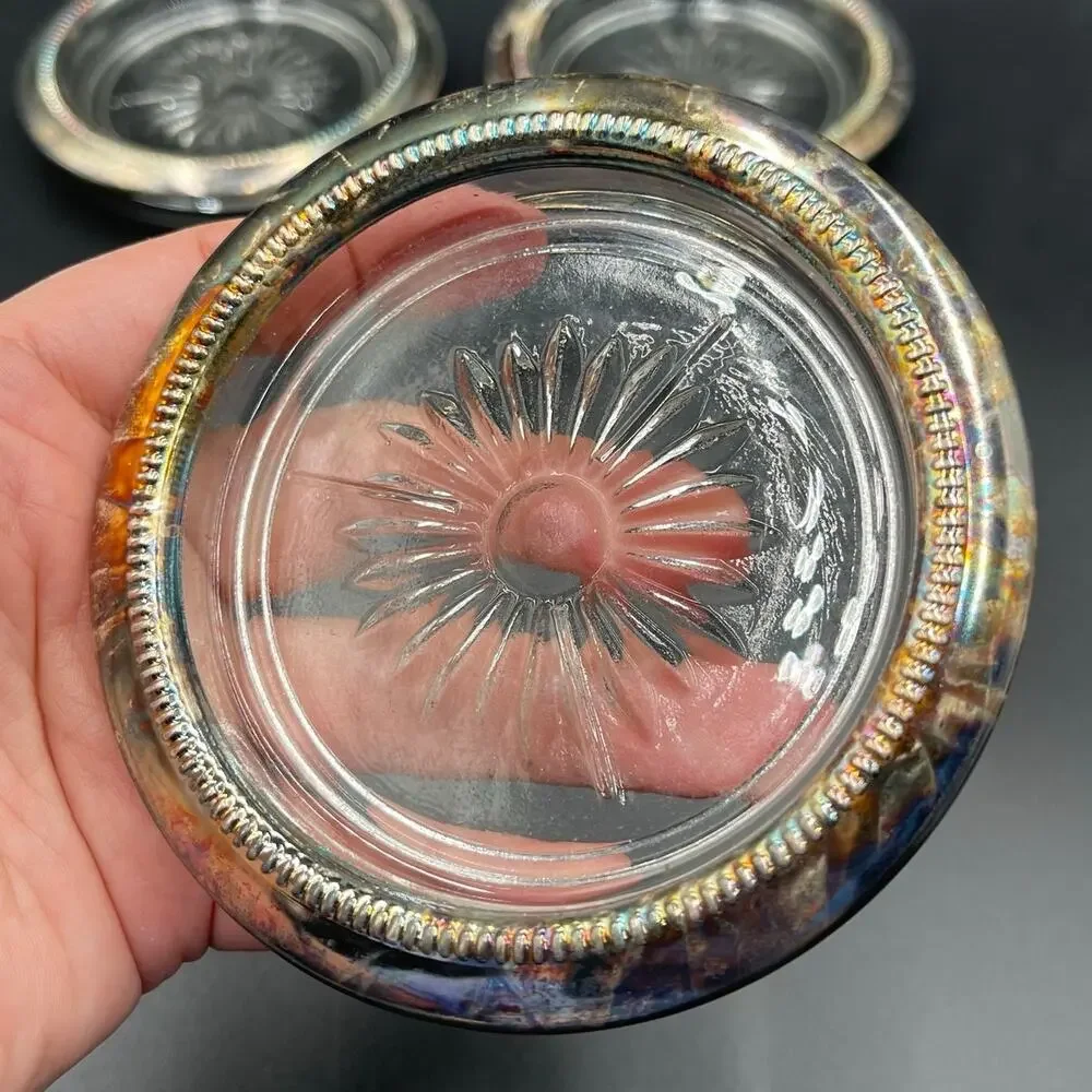 Vintage Leonard Silverplate Coasters Italy Glass Insert Starburst Set of 3